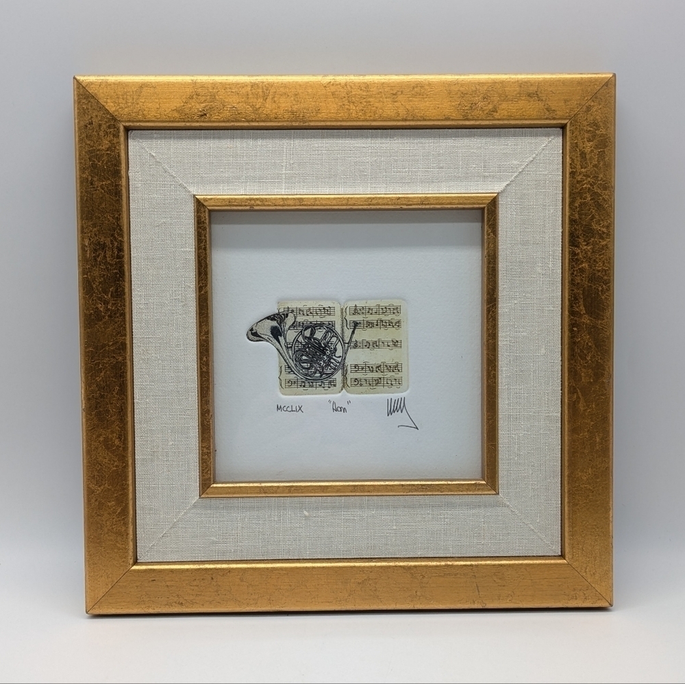 Framed Brass Horn Etching Signed By Artist Manuel I Estop Zafra